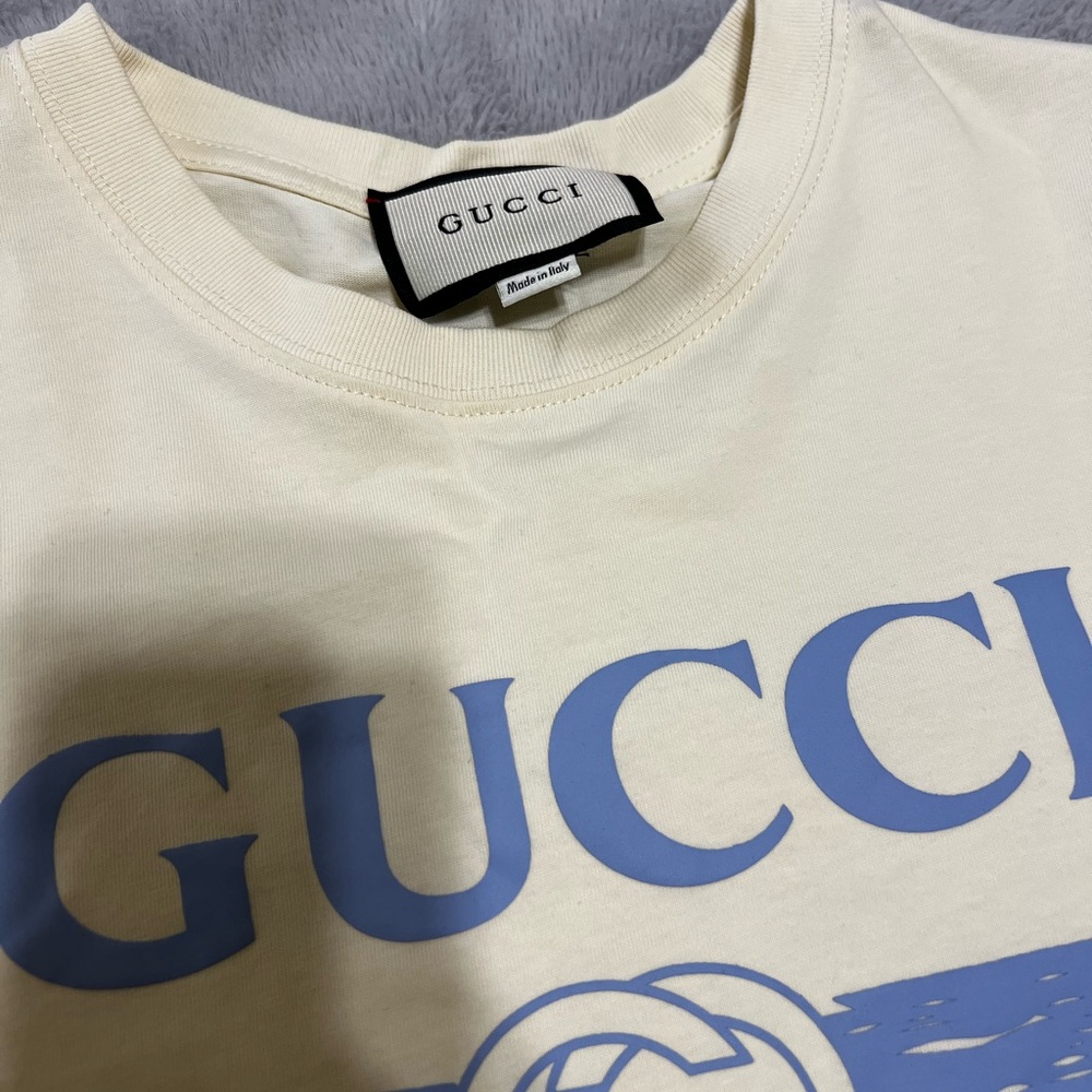 Gucci Cream Tee with Blue Logo